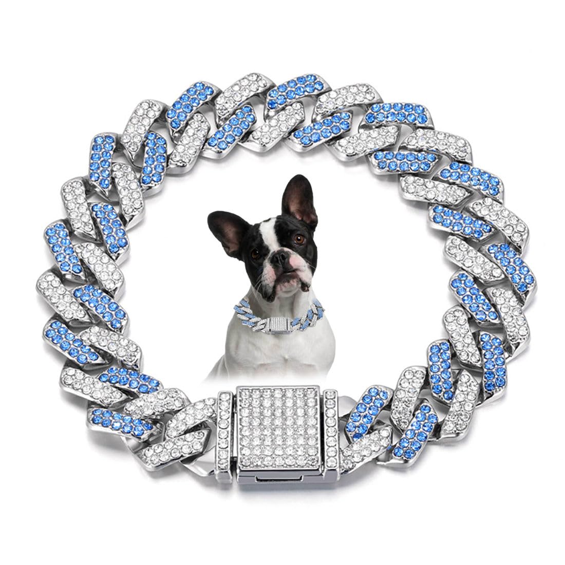 Blue Dog Chain Collar, Bling Diamond Cuban Link Puppy Collar Glitter Rhinestone Cat Collars for Small Medium Large Pet Dogs, 8-Inch