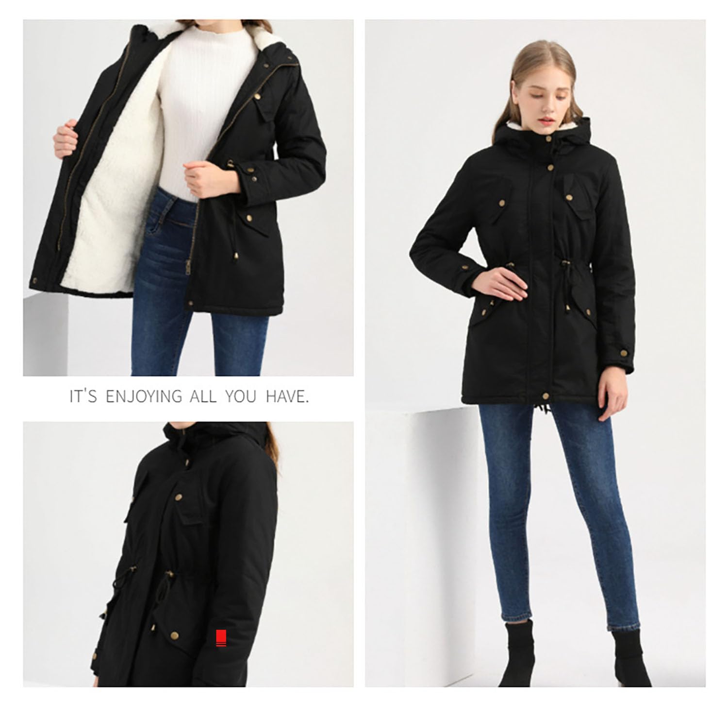 Damen Parka Mantel mit Kapuze Gepolsterte Baumwolljacke Damen Solide Fleece Gefüttert Warme Oberbekleidung für Radfahren, Wandern, Angeln, Bergsteigen,Black,S(Bust:104m)