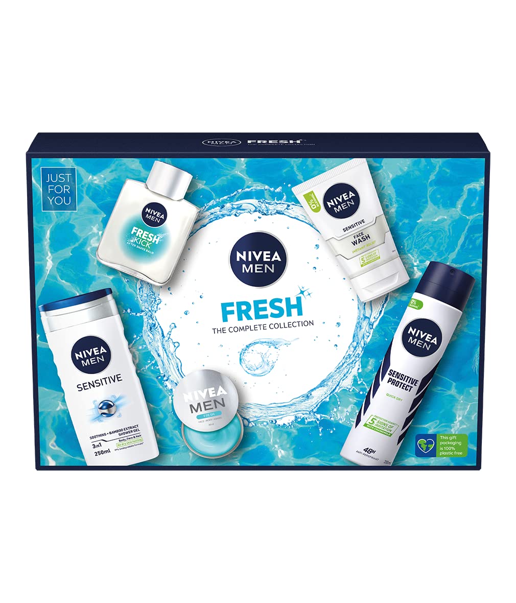 NIVEA MEN Fresh The Complete Collection Gift Set (5 pieces), Men's Toiletry Gift Set Includes Face Wash, Shower Gel, Moisturiser, Anti-Perspirant, and After Shave Balm