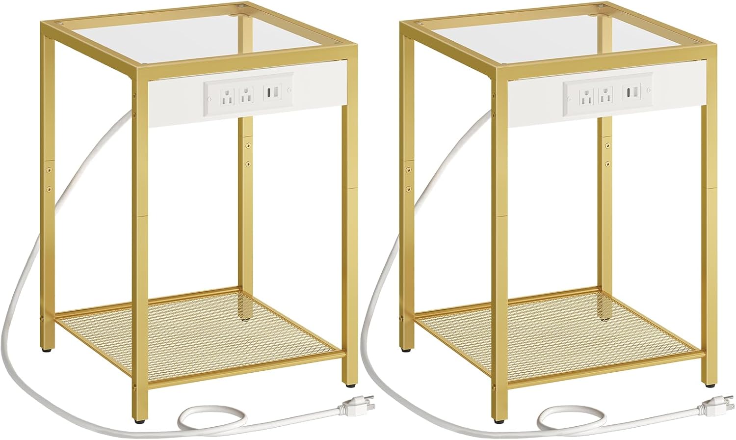 HOOBRO Side Table with Charging Station, Set of 2 End Tables with USB Port, Nightstand for Tight Spaces, Tempered Glass, Modern Metal Frame, for Office, Bedroom, Living Room, Gold GD76UBZP201