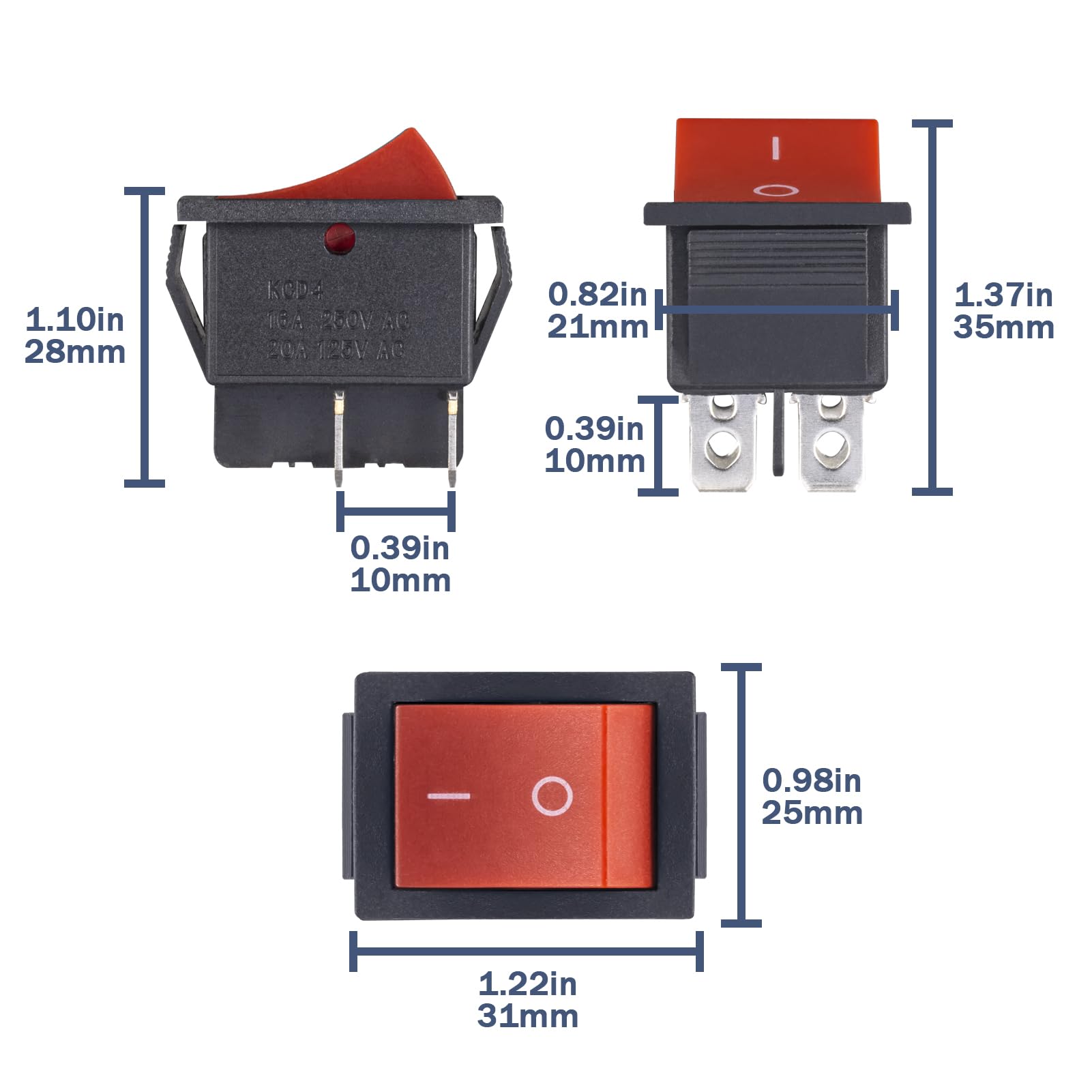 VEXUNGA KCD4 Rocker Switch 20A 125V AC 16A 250V On Off 4 Pin 2 Position Mini Boat Rocker Switch Red Snap DPST Toggle Switches Square for Car Marine Home Appliances (Pack of 6pcs)
