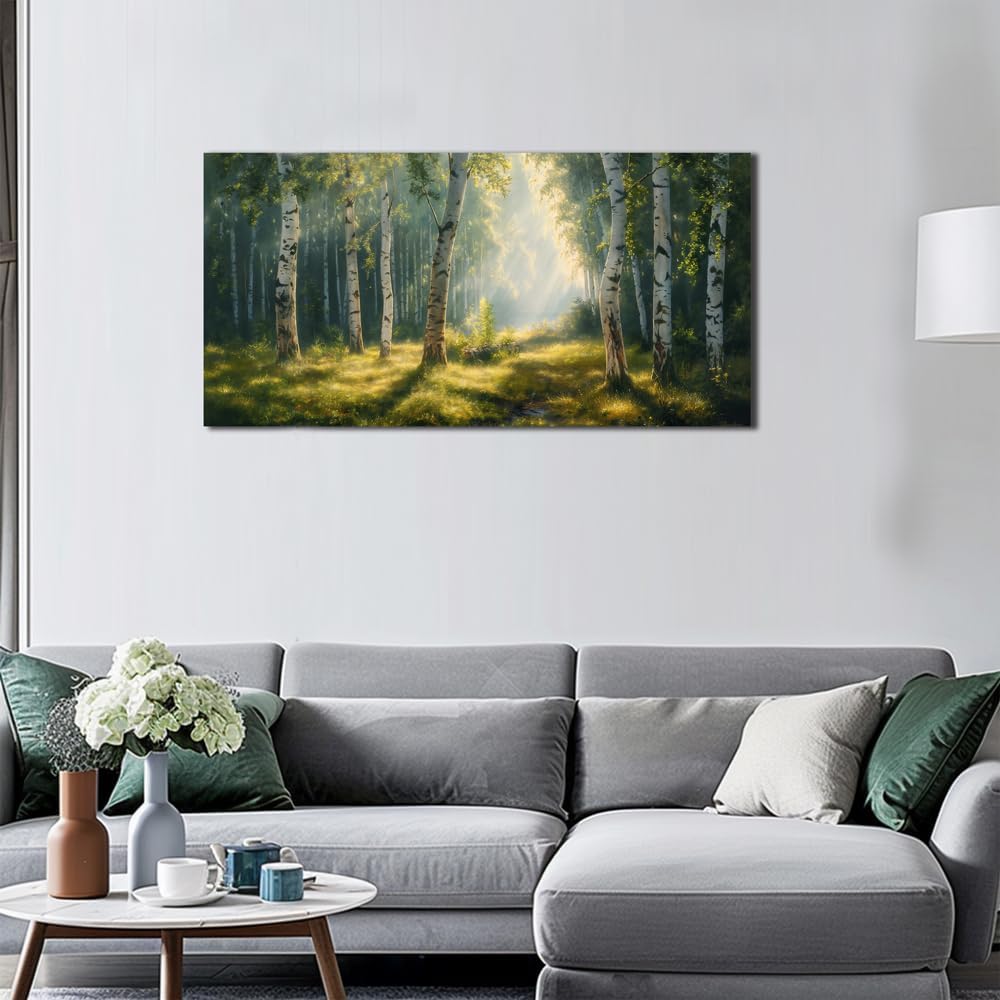 LMYSXAOZ Nature Wall Art Forest Scenery Landscape Pictures Green Birch Tree Canvas Print Beautiful Painting Decor(50x100cm/Frameless)
