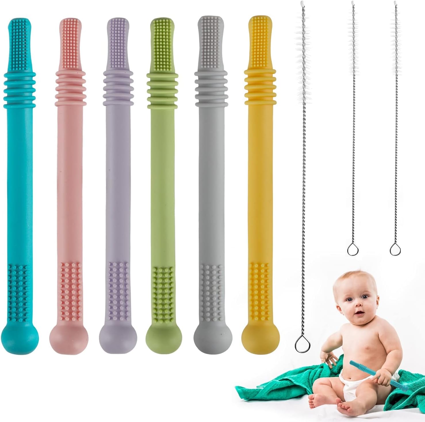 AMERTEER Hollow Teether Tubes, 9 Pack Chew Straw Toy for Infant Toddlers Silicone Teething Toys for Babies 3-12 Months BPA Free/Freezable/Dishwasher and Refrigerator Safe