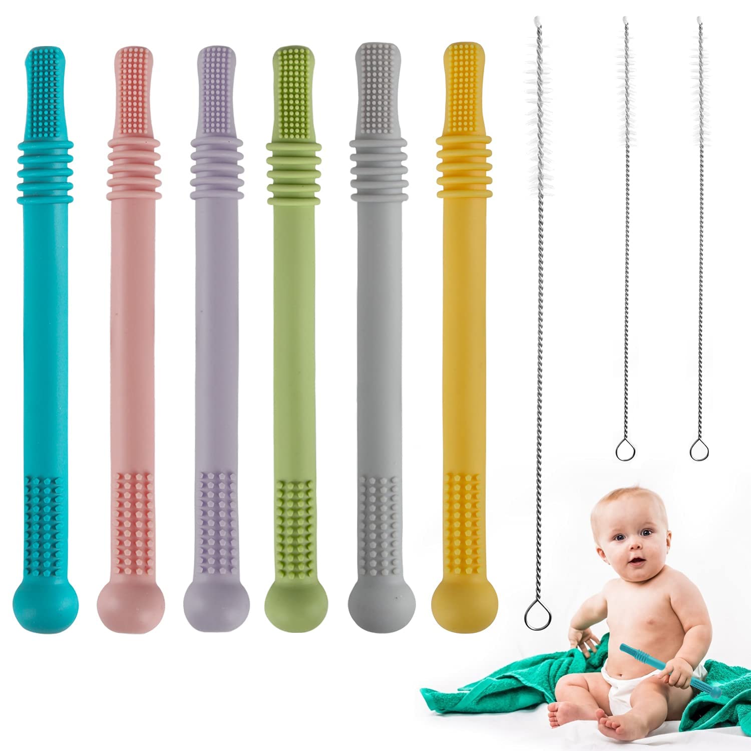 AMERTEER Hollow Teether Tubes, 9 Pack Chew Straw Toy for Infant Toddlers Silicone Teething Toys for Babies 3-12 Months BPA Free/Freezable/Dishwasher and Refrigerator Safe