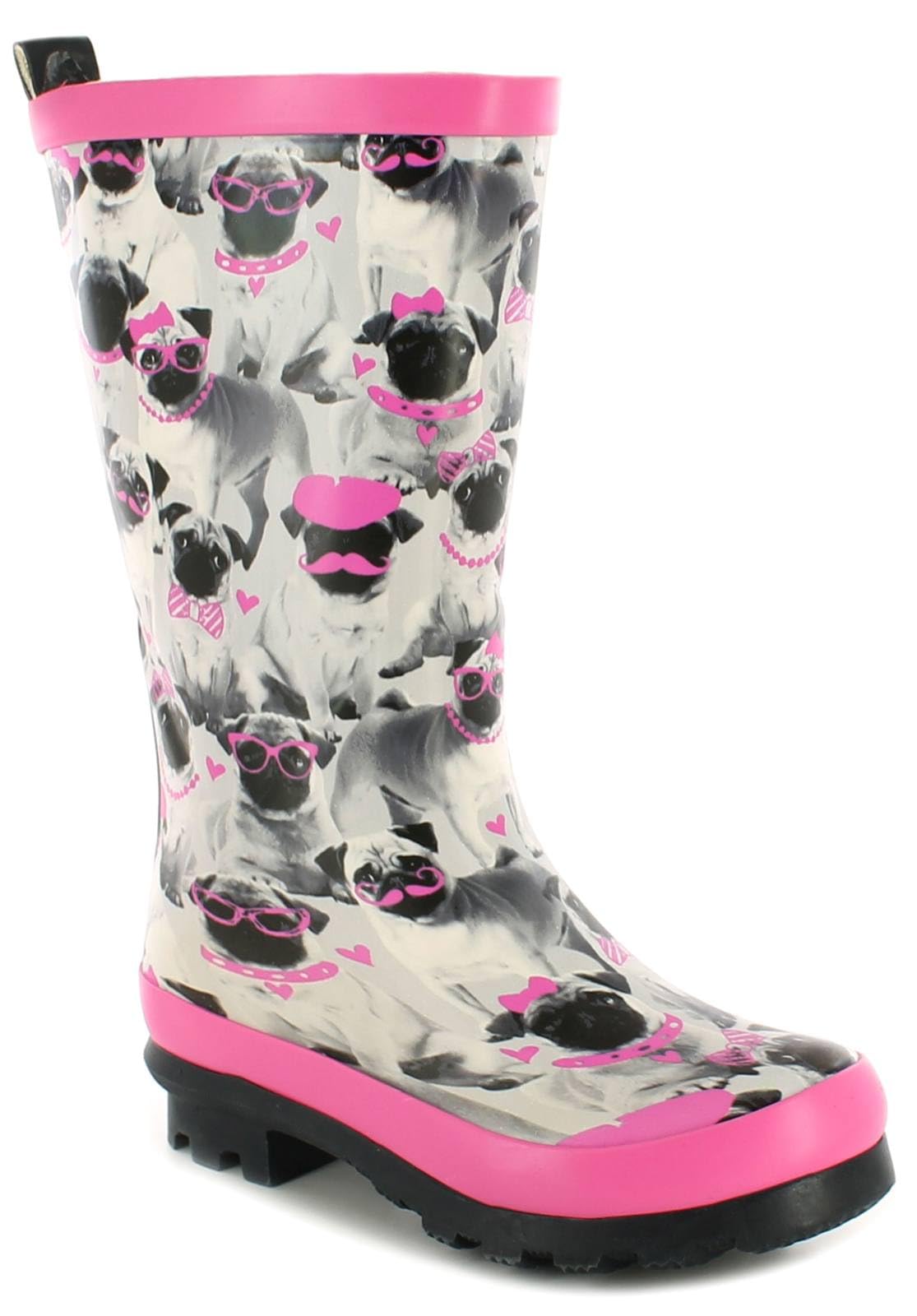 Platino Brandie rubber garden waterproof Girls/kids long leg Wellies cute grey pink Pug Dog printed design pet wellington boots Cotton and textile lining