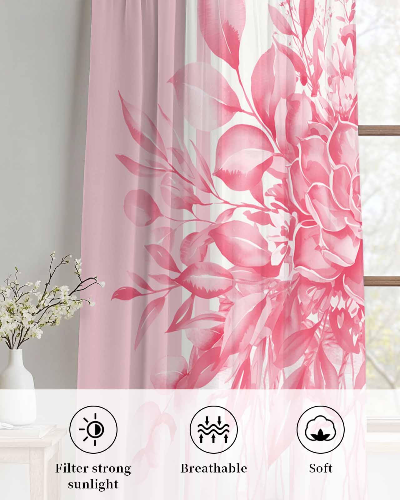Aiyufeng Sheer Pink Curtains - 2 Panels, 40x45 Inches, Farmhouse Clip Jacquard Textured Short Curtains For Bedroom