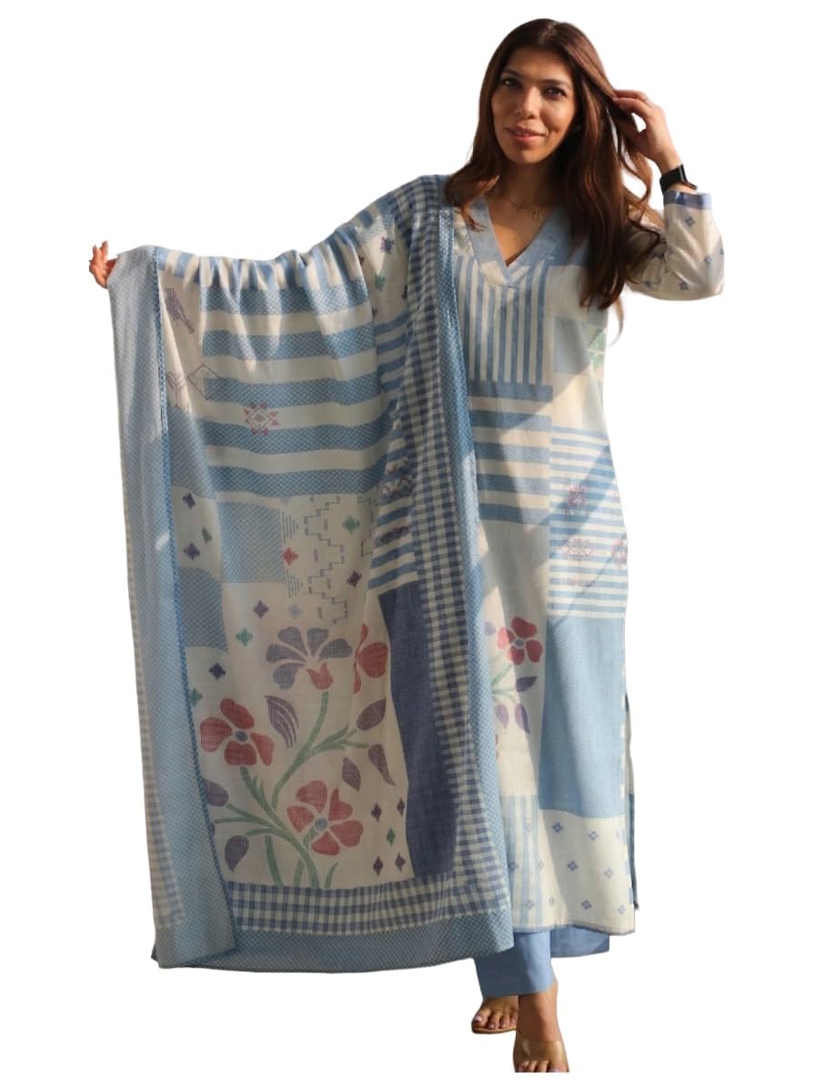 anni designer Cotton Blend Printed Straight Kurta with Pant and Dupatta for Women | Cotton Blend Blue | 3/4 Sleeve | V-Neck | Ethnic Wear Casual Wear-picture-15