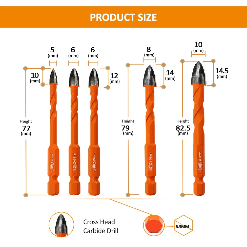 BGTEC Masonry Drill Bits Set, 5/6/6/8/10mm Tungsten Carbide Tip Tile Drill Bit Set for Ceramic Tile Brick Wall, Concrete - Image 2