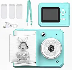 【Câmera Infantil HD de 48MP】Câmera Instantânea Pronta para Impressão com Música MP3, 5 Jogos e Kit Criativo para Desenho DIY (Azul)