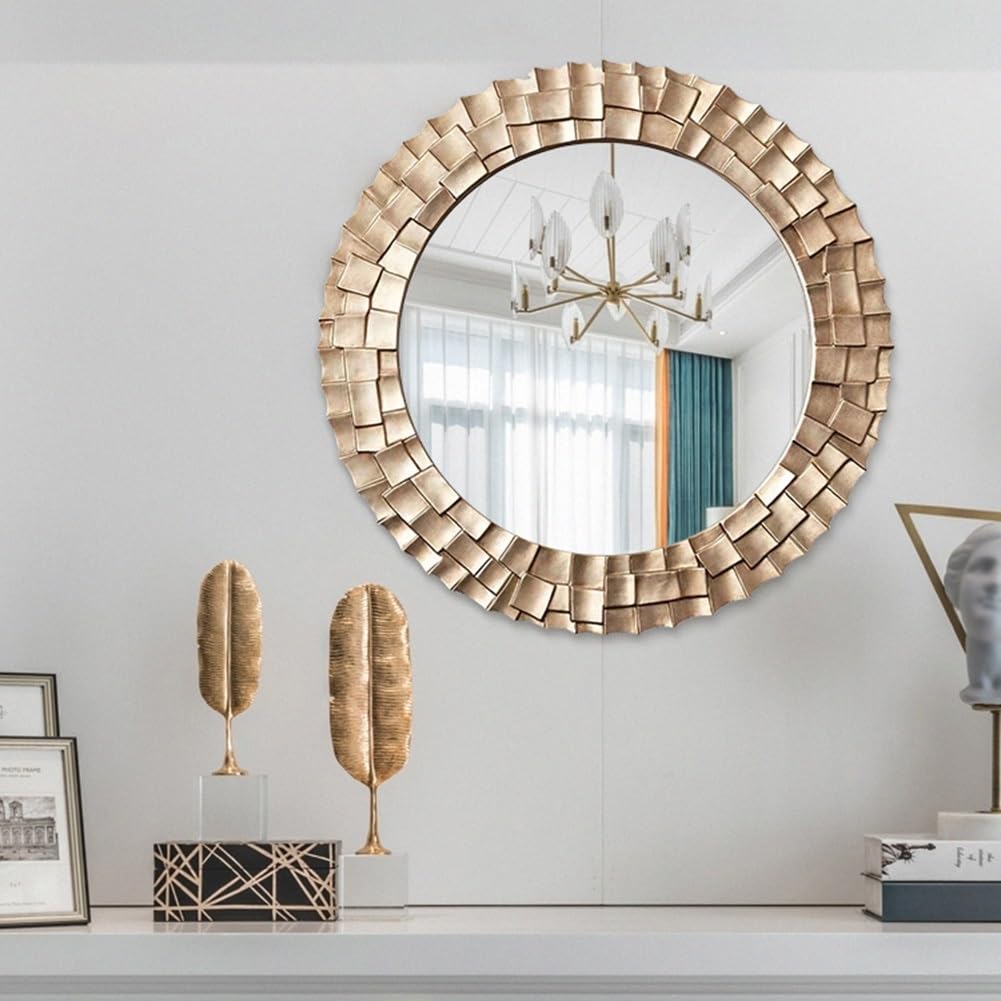 CHARMAID Espejo De Pared De Granja, Espejo Redondo De 27 Pulgadas Con Marco De Madera De Acacia Maciza, Espejo De Tocador De Madera Rústica Para Sala De Estar, Baño, Dormitorio, Decoración