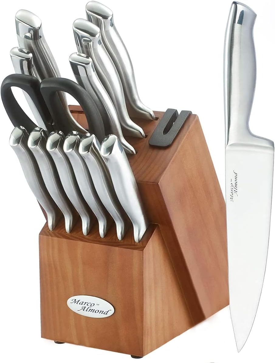 Marco Almond® Knife Block Set, KYA26 Knife Set with Block, 14 Pieces Stainless Steel Chef Kitchen Knives with Built-in Sharpener Marco Almond® Knife Block Set, KYA26 Knife Set with Block, 14 Pieces Stainless Steel Chef Kitchen Knives with Built-in Sharpener