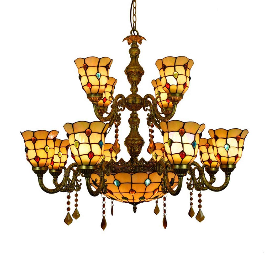 YNIYUJKL Simple And Modern Large 2 Tiers Ceiling Lamps Chandelier, Tiffany-Style Stained Glass Crystal Many Arms Pendant Lights Fixtures, For Dining Room, Hotel, Stairway