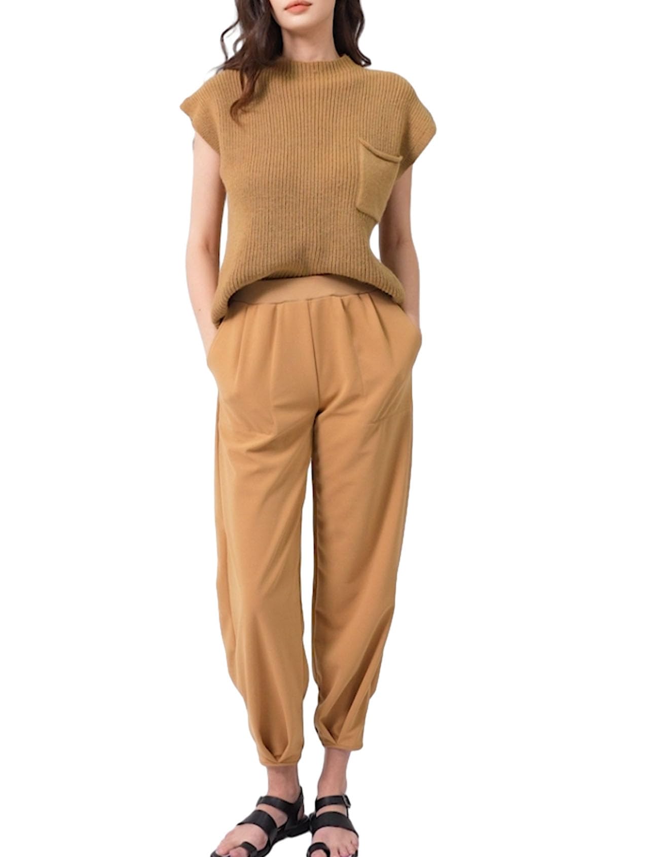 Photo 1 of PEHMEA Sweater Sets Women 2 Pieces Outfits Knit Pullover Tops and High Waisted Pants Lounge Sets(Camel-XL)