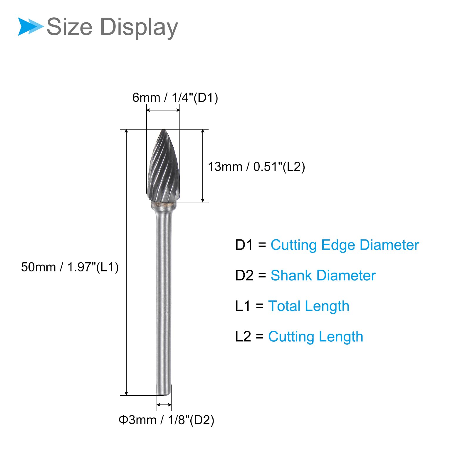 CoCud Tungsten Carbide Rotary Burrs File, 1/8" Shank 6mm Dia, Single Cut G-Shape Rotary Burrs Tool - Image 2