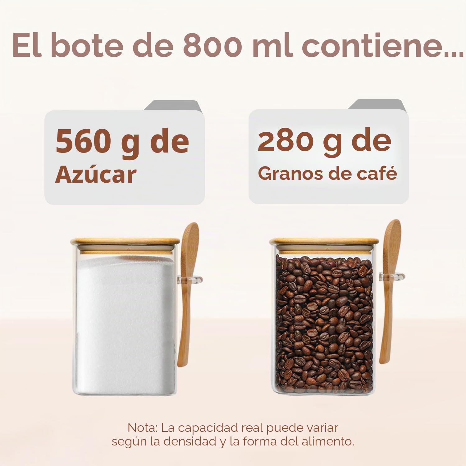 ComSaf Juego de 4 tarros de vidrio de 0.8 cuartos con tapas de bambú y cucharas, recipientes cuadrados de vidrio con tapas, recipientes de café y azúcar, tarros de especias de sal, contenedor de