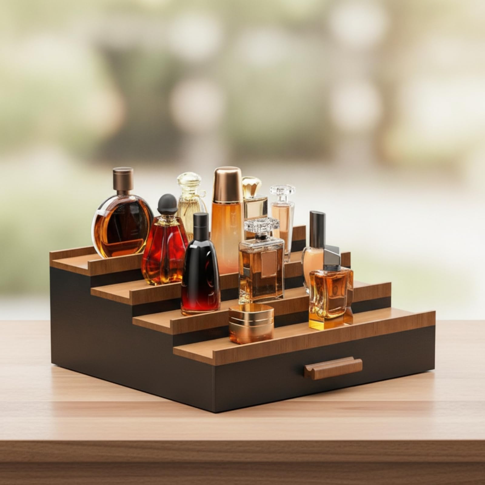Présentoir en Bois avec Tiroir Robuste Rangement à Parfums avec Compartiment Caché Organisateur Maquillage pour Chambre, 32 29.2 14cm, Quatre Niveaux, Style Un