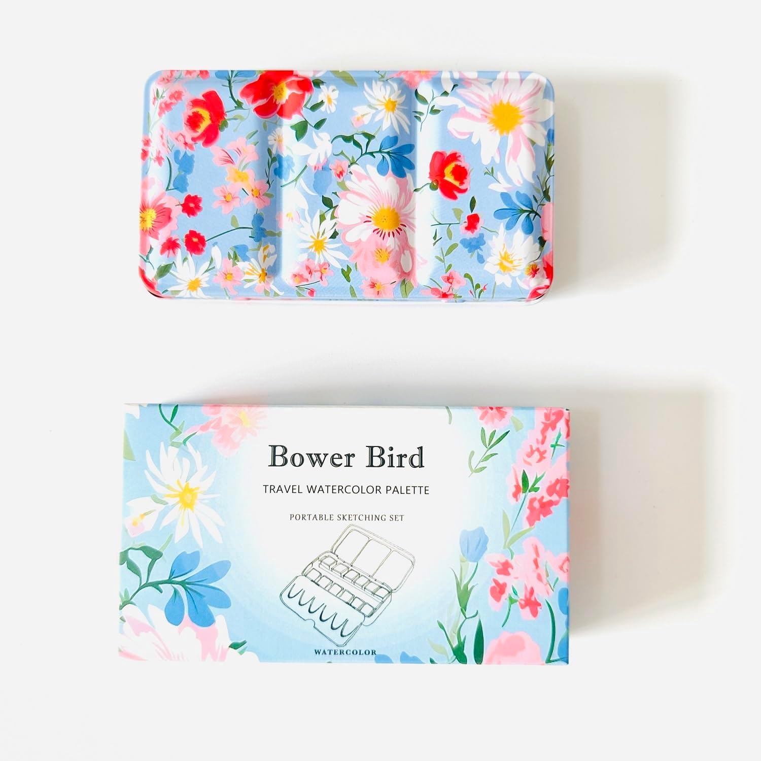 Bower Bird Reise-Aquarellpalette, tragbare Keramik-Palette mit 16 Mulden, leere, kleiner Reise-Metallfarbkasten mit Porzellan-Palette (12 Mulden)