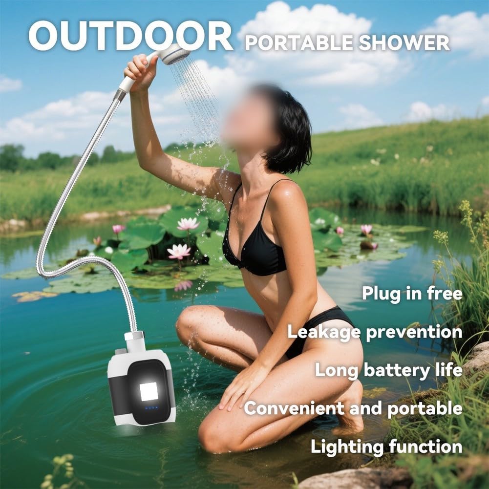 KiraKira Wiederaufladbare tragbare Campingdusche mit integriertem LED-Licht, wasserdichte elektrische Pumpe für Outdoor-Abenteuer, Hochdruck-Schwarz