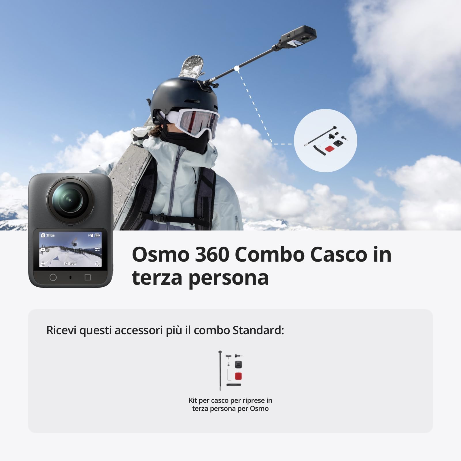 DJI Osmo 360 Combo Casco in terza persona, Action Cam 360 | Imaging 360° da 1", video 360° 8K nativo, video Boost 4K/120fps & 170°, kit montaggio casco POV in terza persona
