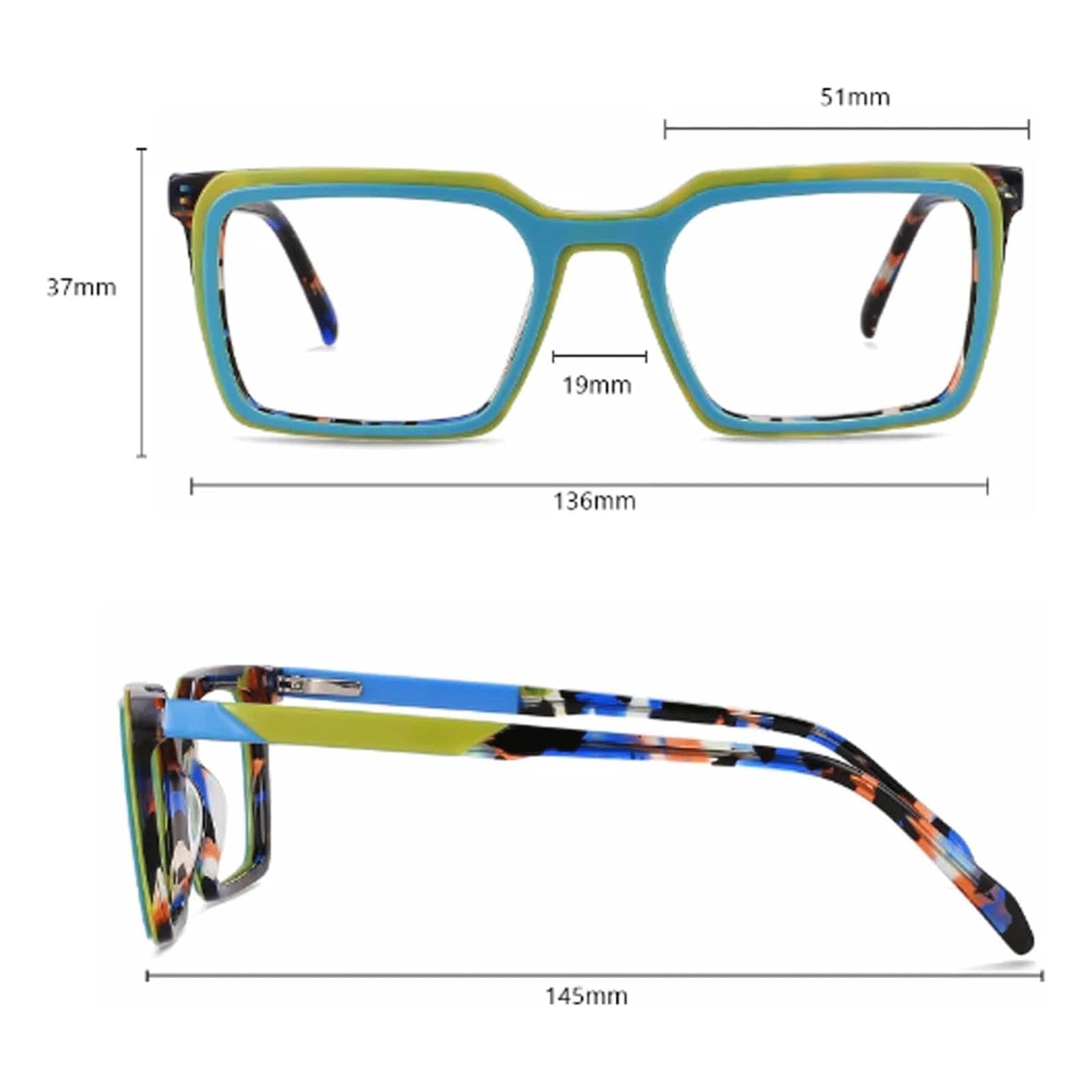 EYPKPL Popularne oprawki do okularów octanowe oprawki do okularów modne kwadratowe oprawki do okularów 136 * 145 mm lekkie okulary unisex