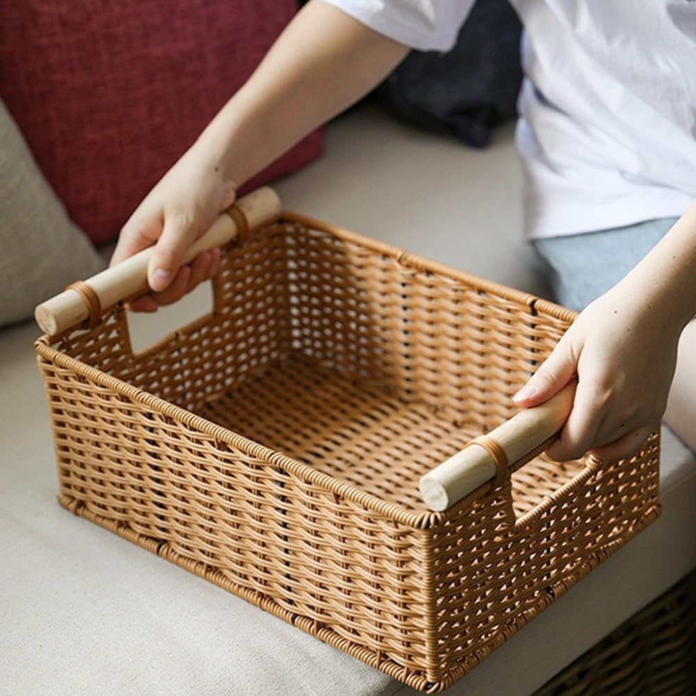 Aufbewahrungskorb Geflochtener Korb Imitation Rattan mit Holzgriff für Bad Küche Wohnzimmer Organizer Box 30x30x21cm(1)