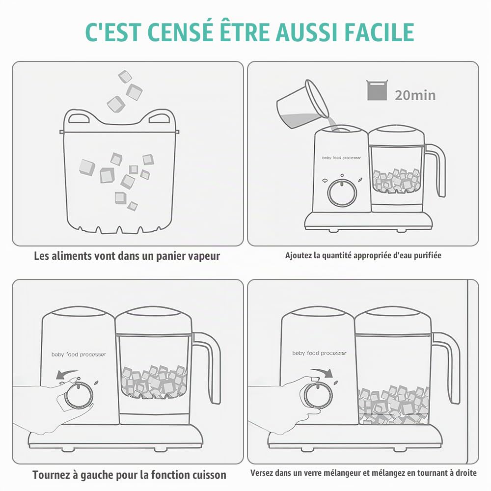 Robot Bébé 4-en-1 Cuit-Vapeur et Mixeur Multifonction pour Bébé, Bol 600ml, Chauffe-Plats et Décongélation, Écran LED avec Minuteur, Sans BPA, Idéal pour Diversification Alimentaire