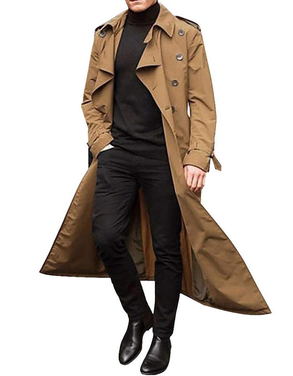 Banana BucketMen's Trench Coat Windproof Button Overcoat Slim fit Long Lapel Double Breasted Belted Windbreaker Jacket