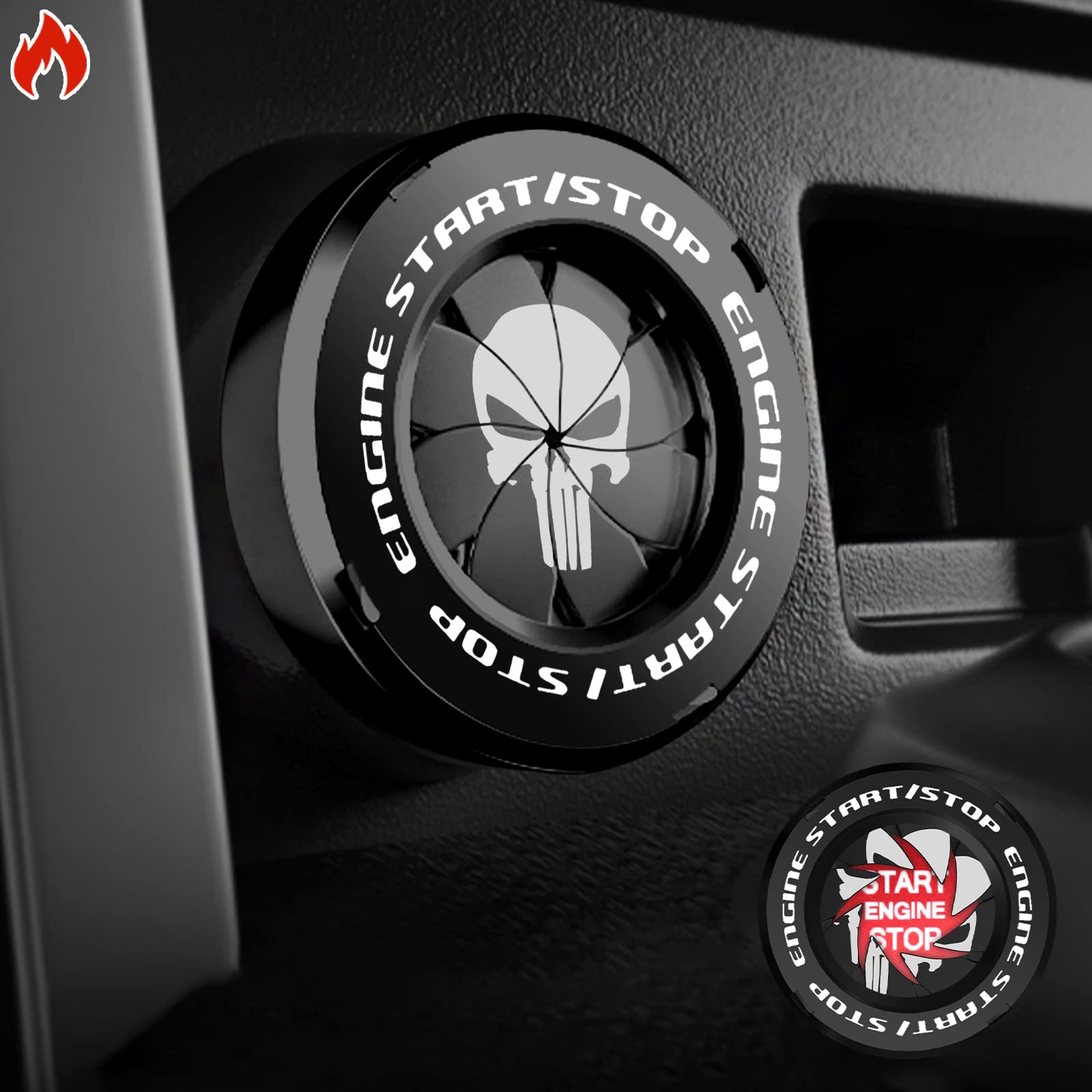 Tybasthe Rotary Push Start Button Cover, Punisher Car Accessories Engine Start Stop Button Cover, Skull Car Stickers Interior Decor, Motorcycle