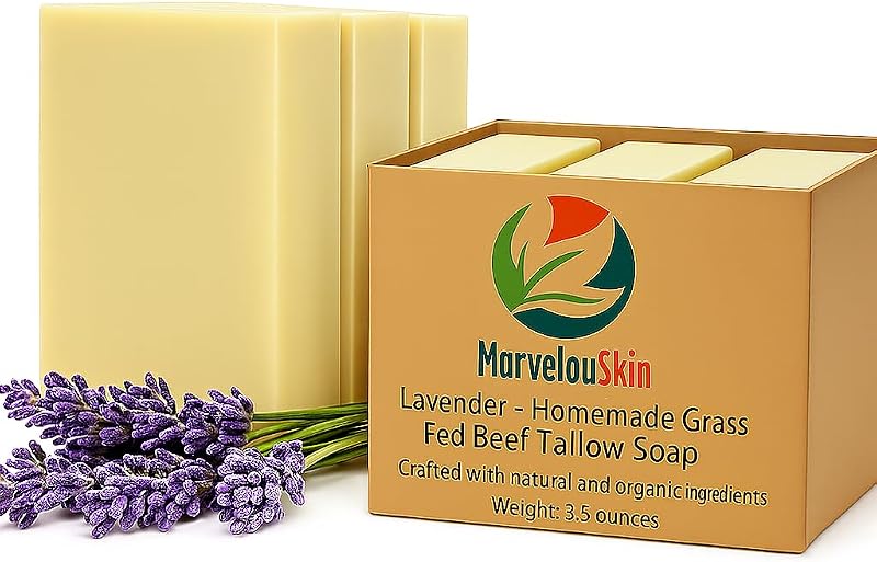 Sabonete em barra de sebo bovino com óleo essencial de lavanda Marvelouskin, rosto e corpo, sem parabenos e sulfatos, pacote com 3