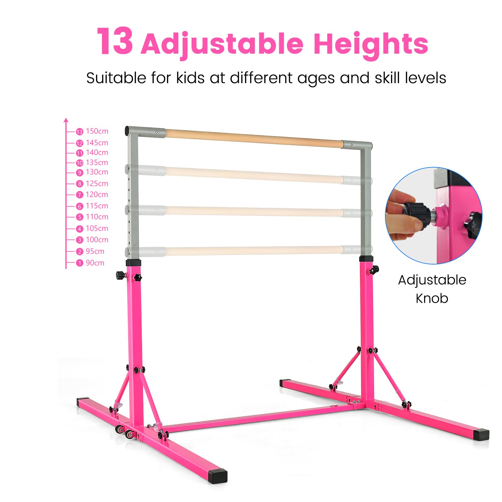 KOMFOTTEU Barra de Gimnasia para Niños, Barra Horizontal con Altura Ajustable de 13 Niveles, Barra de Entrenamiento de Metal y Madera, Equipo de Gimnasia con Carga de 100 kg