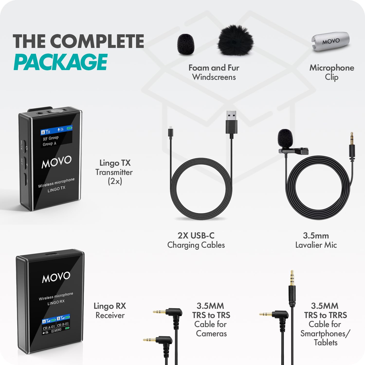 Movo Lingo-Duo - Sistema microfono lavalier wireless UHF a 48 canali per fotocamera, compatibile con fotocamere DSLR Canon EOS, Nikon e Sony, per filmmaking, vlogging, interviste, creazione di