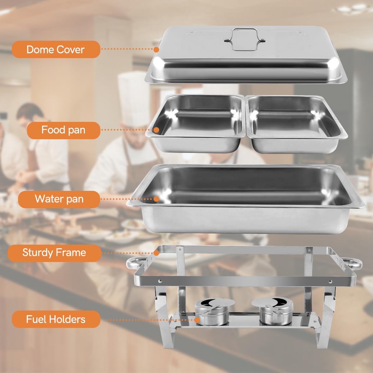 Chauffe-Plats en Acier Inoxydable, 9L Chafing Dish, Buffets Chauffants avec Pinces et Cuillères pour Fêtes, Mariage, Banquets, Restauration (4 pièces, 8 x GN 1/2)