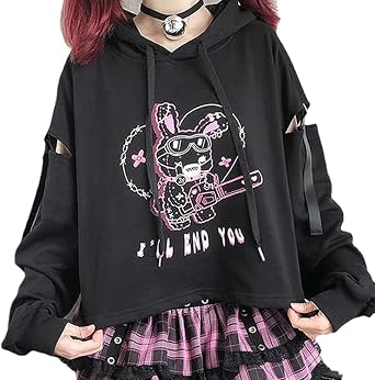 YUESUO Women Harajuku Gothic Punk Alt Kawaii Sweatshirt Hoodie Bunny Print Aesthetic Tee Black Grunge Emo Clothes JK Lolita
