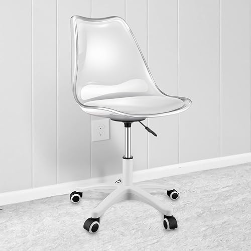 Rolling Desk Chair Adjustable Home Office Vanity Chair Swivel Plastic Chair Seat Chair with Wheels Rolling Office Vanity Chair Acrylic Office Chair Drafting Chair (Clear, White)