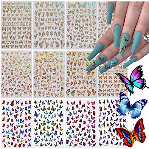 EBANKU 12 Blätt Schmetterling Nagelabziehbilder, Laser Gold und Silber Farbe Schmetterling 3D Selbstklebend…