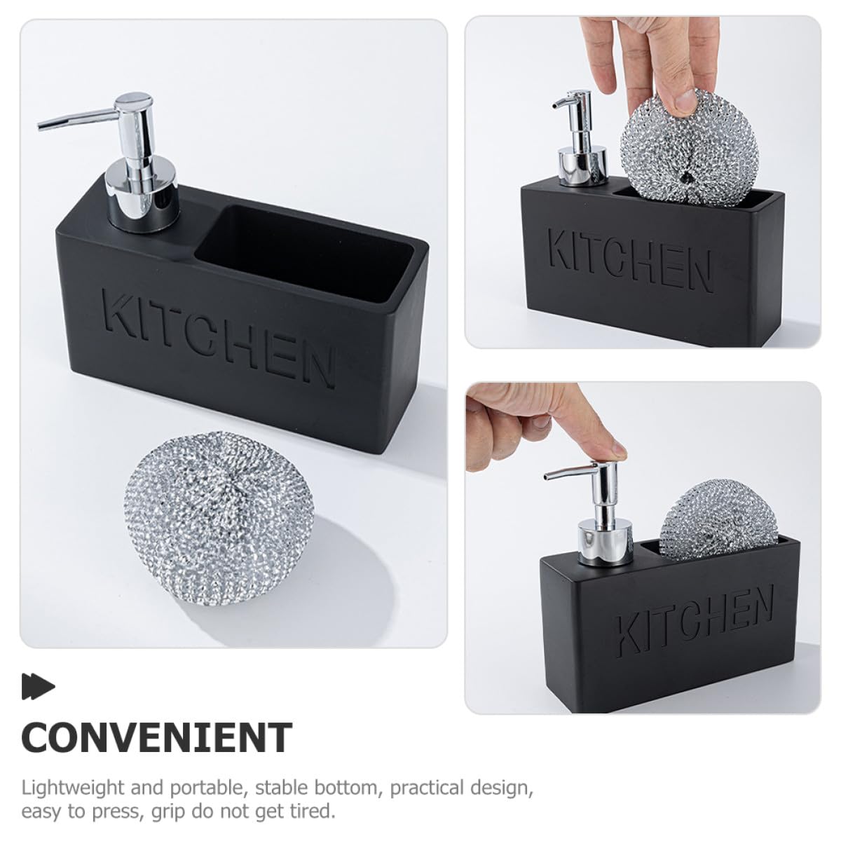 SHINEOFI Dispenser Sapone Cucina Nero in Resina e Plastico con Porta Spugna Integrato, Erogatore Liquido Facile da Ricaricare con Presa Antiscivolo per Uso Quotidiano