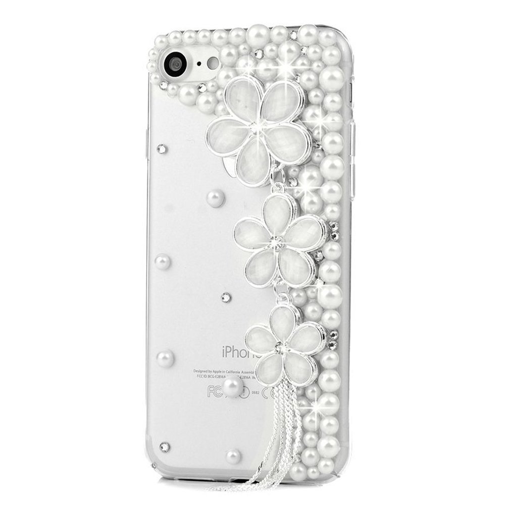 STENES Sparkle Phone Case Compatible with Google Pixel 2 [Stylish] 3D Handmade Bling Blossom White Flowes Pearl Tassel Crystal Diamond Design Girls Women Cover - Clear