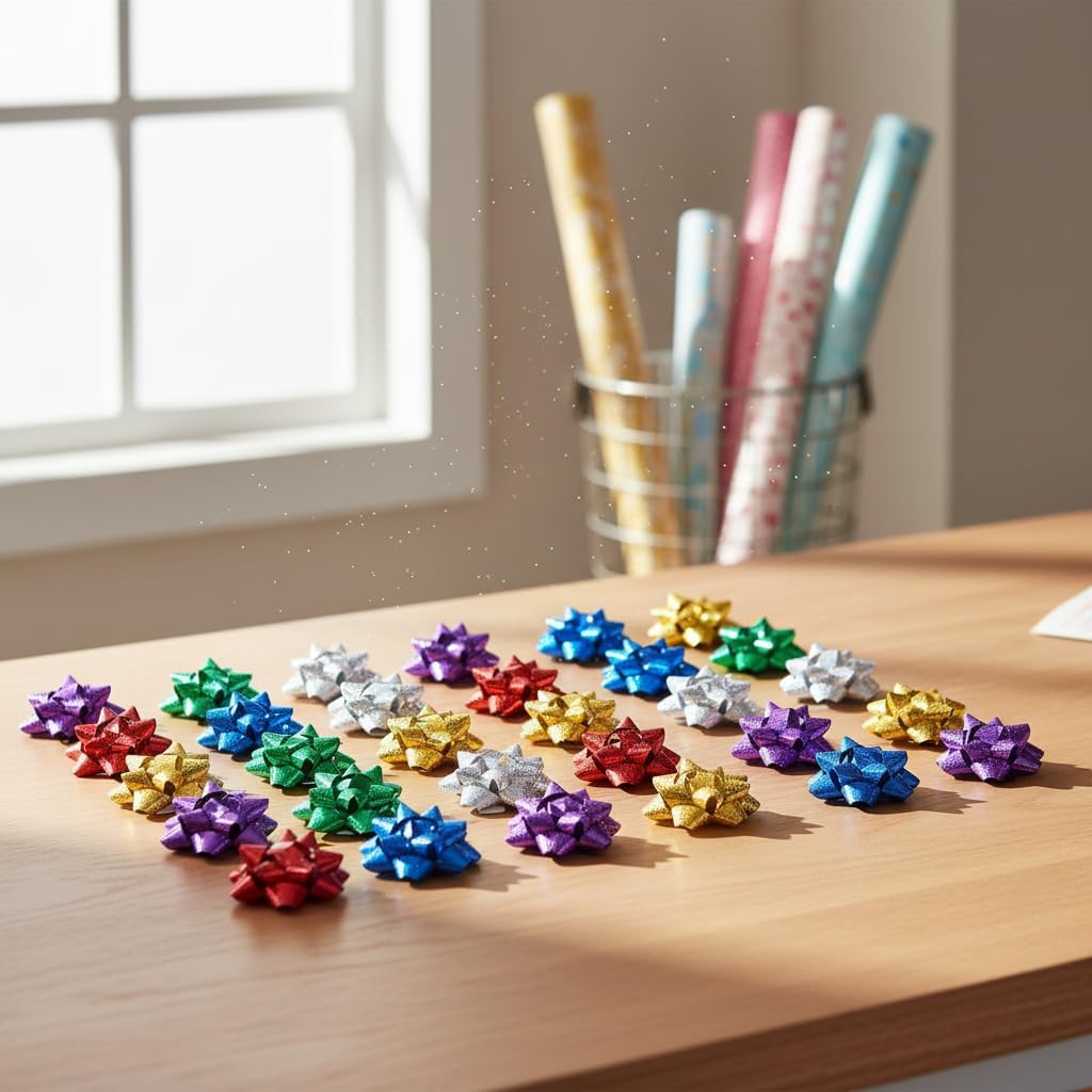 Fansoftiks 50 Pcs Colorful 1 Inch Gift Bows Mini Christmas Bows Metallic Star Bows Party Gifts Wrapping Bows Adhesive Holiday Presents Bows for Valentine's Day, Gift Wrapping Supplies - Image 3
