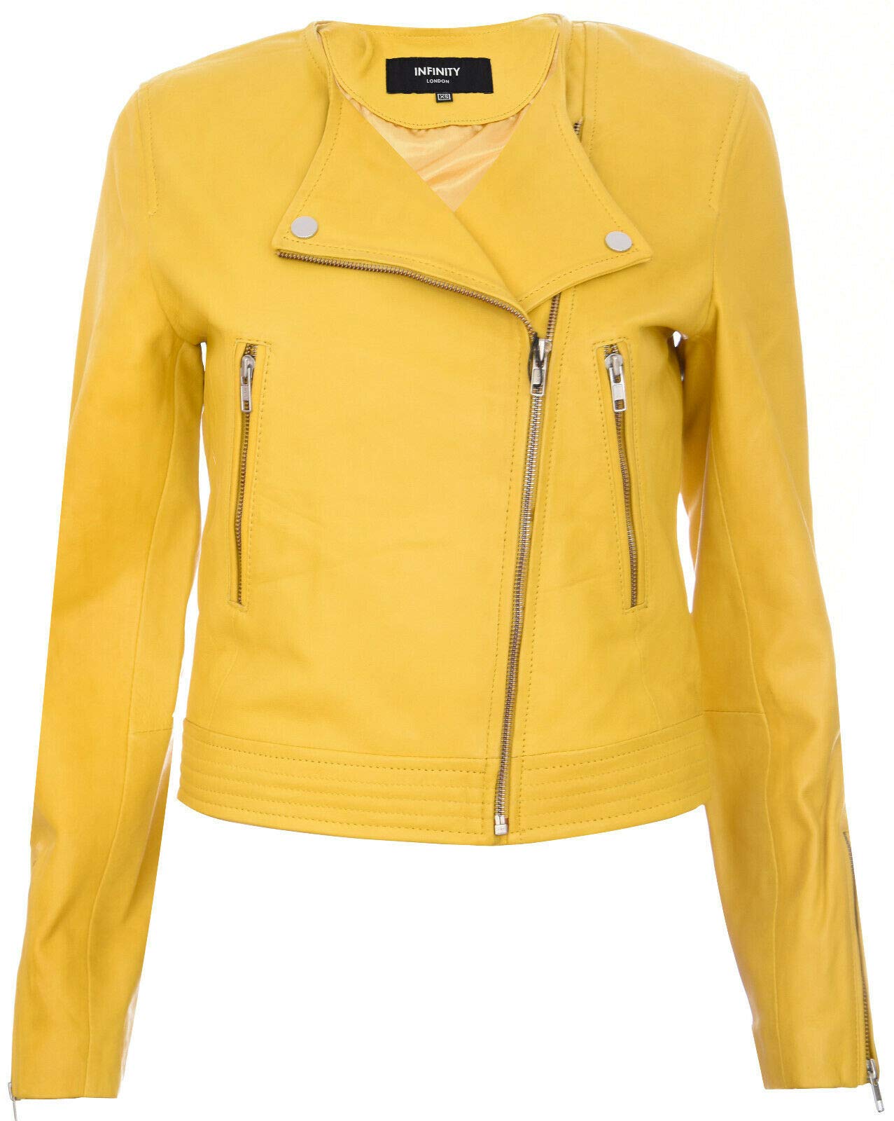 Ladies Leather Jacket Classic Biker Style Yellow Real Collarless