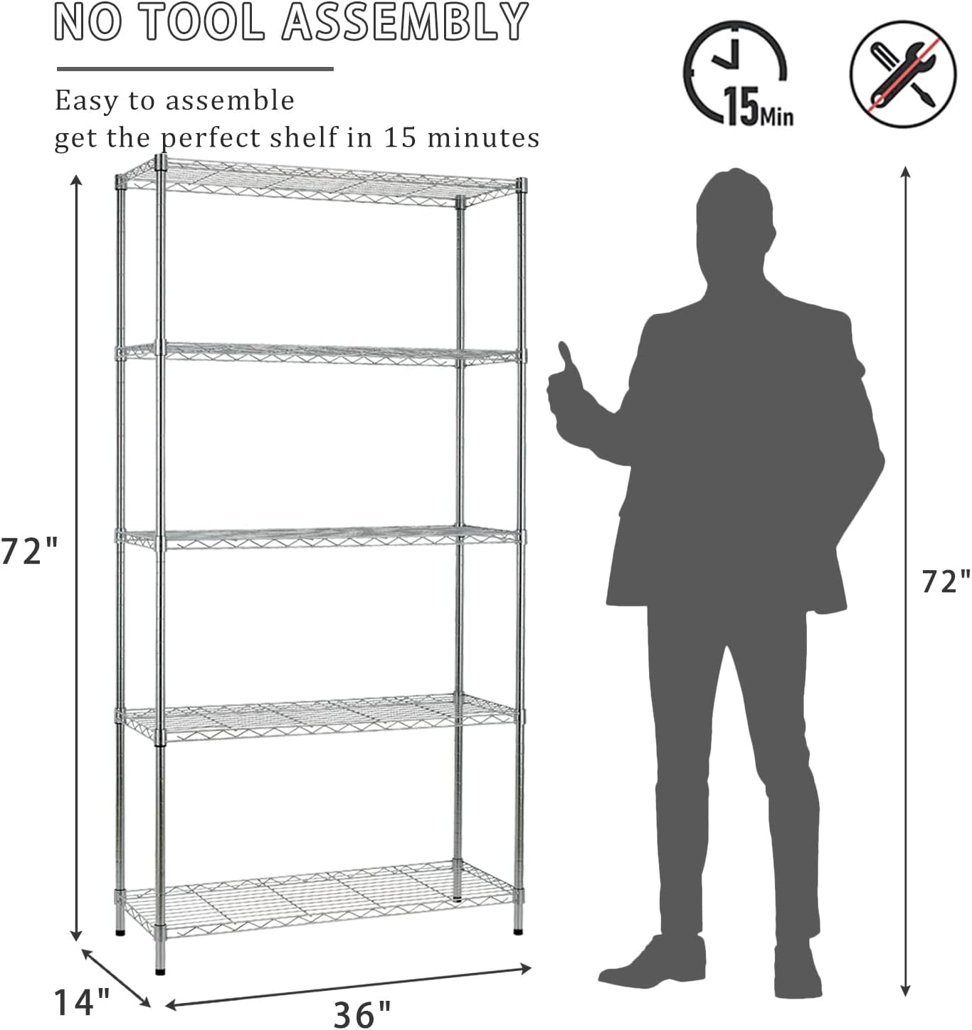 5-Tier Storage Shelves Adjustable Metal Shelf 1200Lbs Capacity NSF Wire Rack Shelving with Adjustable Feet Shelf Unit for Kitchen Garage Basement, 72" H x 36" W x 14" D, Chrome