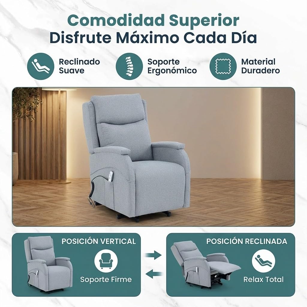 Sillón Levanta Personas Eléctrico | 2 Motores Independientes | Función Reclinable, Elevación de Pies | Desenfundable | Ruedas con Bloqueo | Ergonomía, Máximo Confort | Medidas 108x68x96/163cm (Gris)