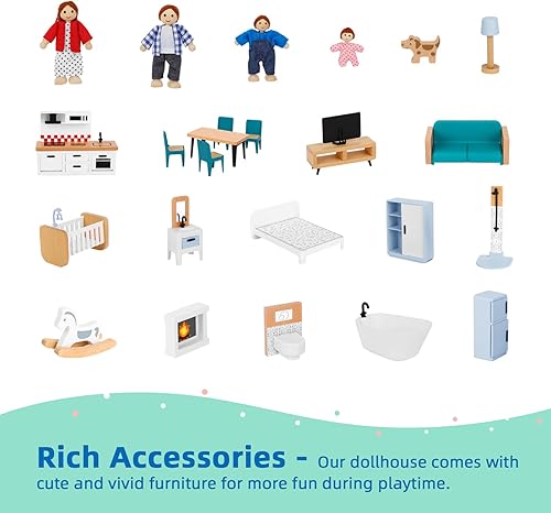 Miniatura 7 de OOOK Casa de muñecas de madera con elevador elevable, casa de muñecas moderna de 2.6 pies de alto para niños pequeños, incluye 21 muebles, 4 muñecas