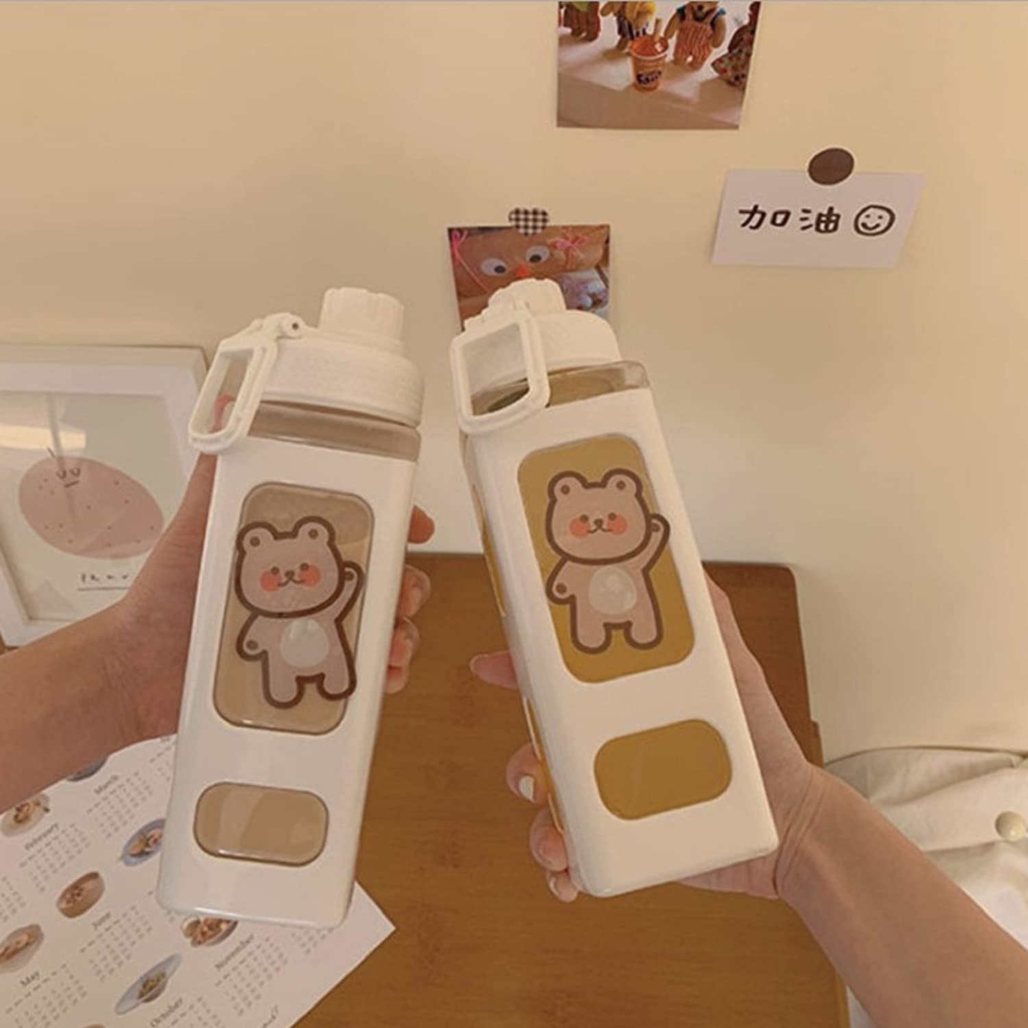 Mikolotuk Kawaii Bear Water Bottle with Straw and Stickers,23.5 oz Watertight Big Water Bottle,Portable Square Water Bottle,Cute Bear Juice Tea Cup for Boys and Girls School (White)