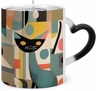 Color Changing Mug, Novelty Coffee Magic Cup, Mid-Century Modern Art | Heat Sensitive Coffee Mug, Heart Shape Handle, Ceramic Tea Cup, Surprise Color Changing Design Mugs for Birthday, Christmas