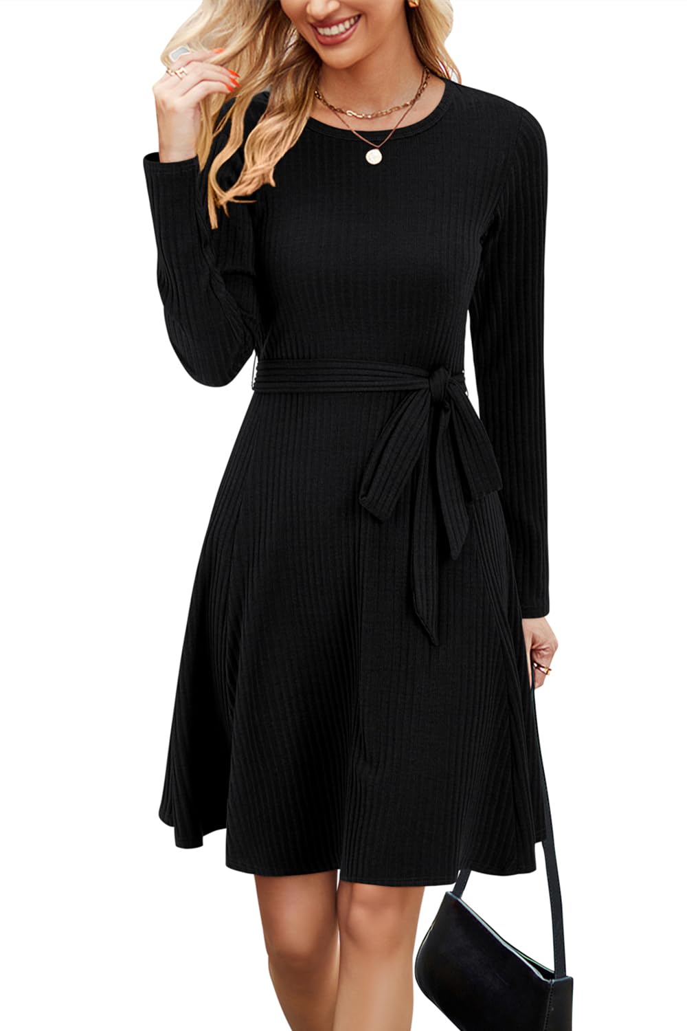 NewshowsWomen's 2024 Fall Sweater Dress Long Sleeve Casual Outfits A-Line Ribbed Knit Belt Skater Dress Trendy with Pockets