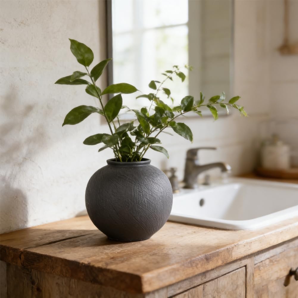 Black Round Vase, 6.1" Matte Black Ceramic Vase, Small Textured Pottery Vase for Flowers, Rustic Farmhouse Table Vases for Living Room Shelf Entryway Home Decor