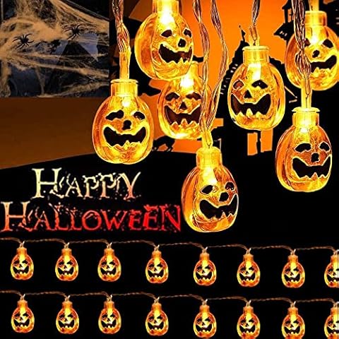 Evance Halloween Pumpkin String Lights with Stretchable Spider Cob Web & 2 Spider, 15 Feet 30 LEDs Pumpkin Lights Battery Operated, Led Fairy Lights for Halloween Decorations (30 LED) Cover