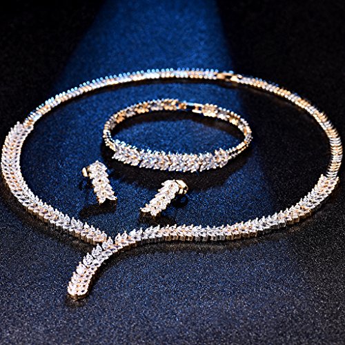 Masop Luxury Marquise Cluster Leaf Shape Crystal Jewelry Set For Women Bracelets/Earrings/Necklace Gold #TOP3