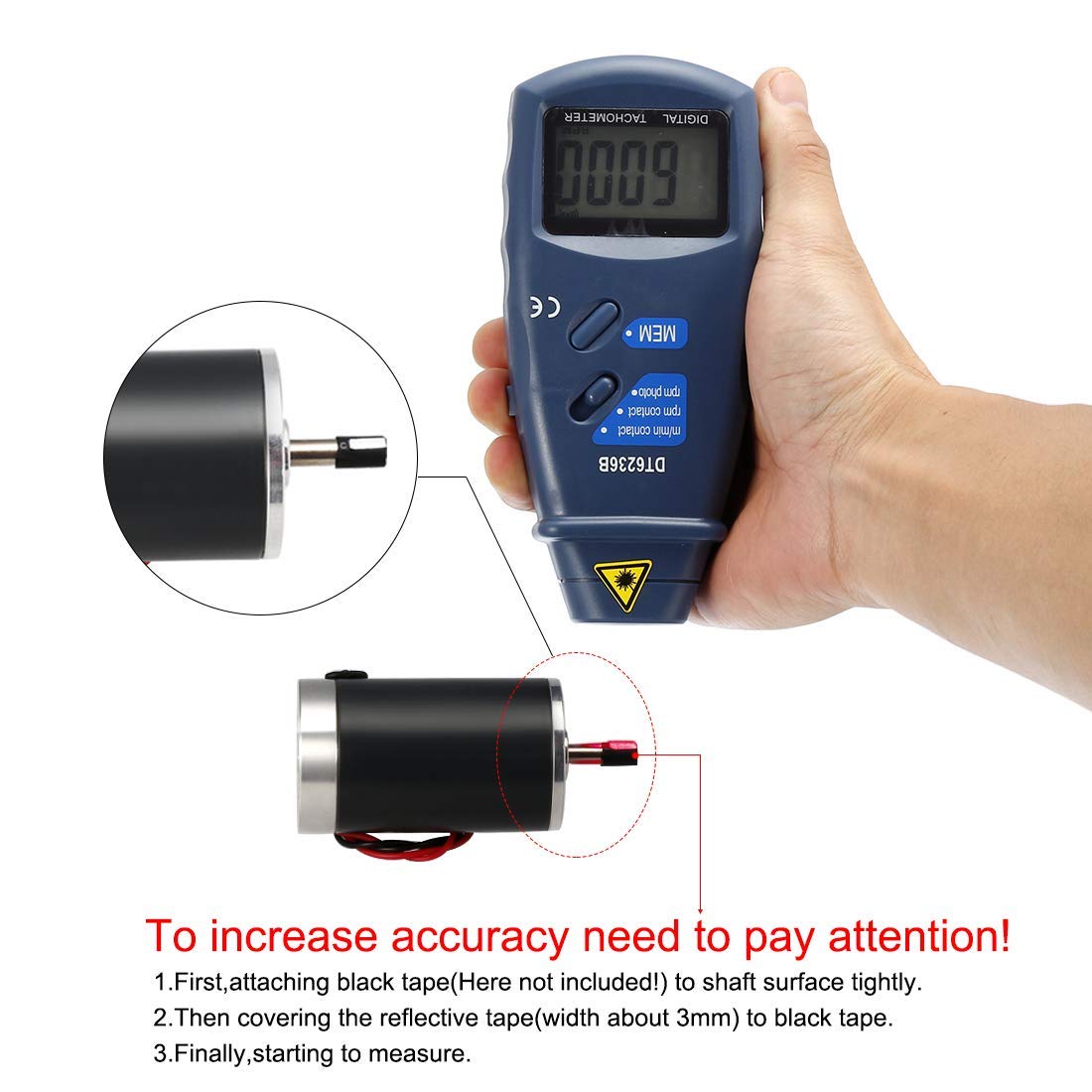 Tacómetro digital 2 en 1 con/sin contacto DT-6236B rpm 2,5 a 9.999 rpm ruedas medición velocidad lineal rotación
