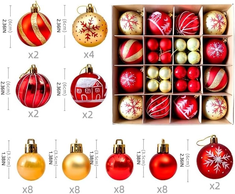 Miniatura 2 de Juego de 42 bolas decorativas para árbol de Navidad, inastillables, para decoración de árbol de Navidad (dorado y rojo)